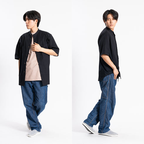 【日本製】 シャツ メンズ 半袖 大きいサイズ ワンポケット 無地 バンドカラー オーガニックコットン 綿100% ブラック(FL24SS-001-bk)